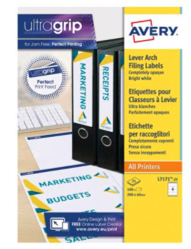 Avery Laser and Inkjet Lever Arch Filing Labels 200x60mm 25 x 4 Per Sheet White (100 Pack)